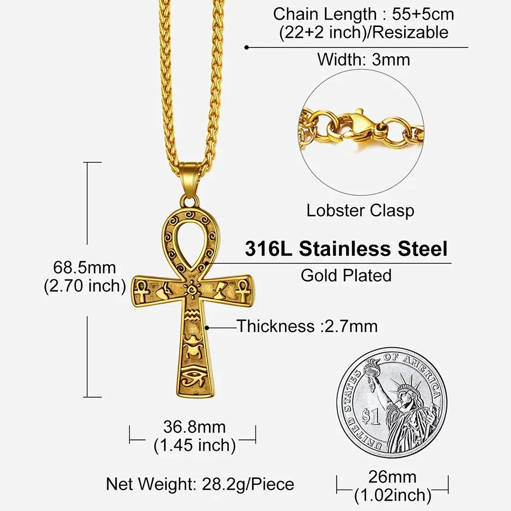 U7 Stainless Steel Ankh Cross Necklace for Men Women Eye of Horus 3mm Link Chain Ancient Egyptian Life Symbol Religious Jewelry - Image 4
