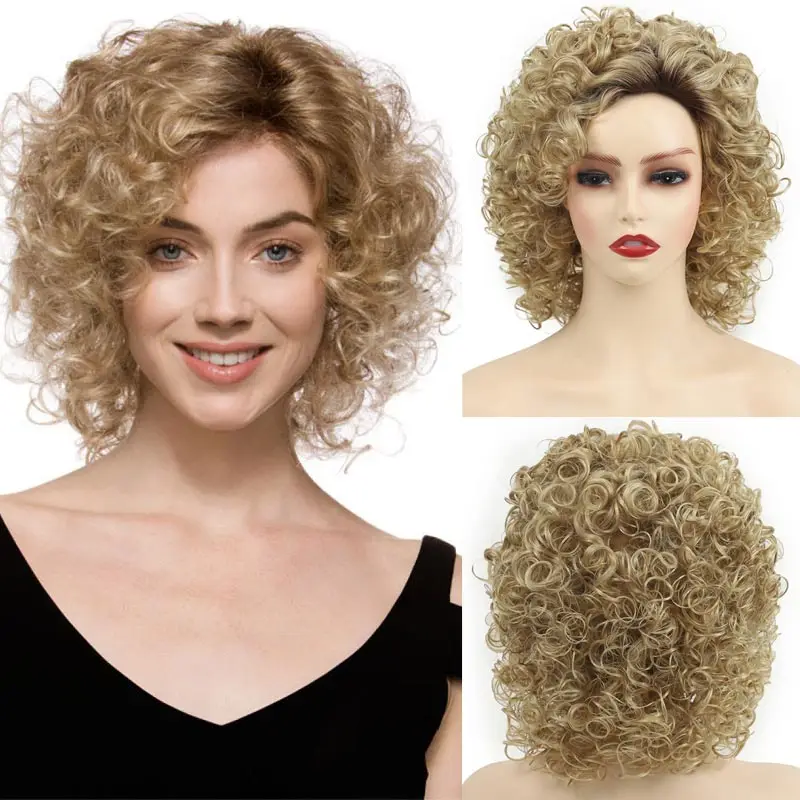 Womens Fashion Blonde Curly Hair Soft Heat Resistant Short Synthetic Gold Color Loose Wave Natural As Real Hair Party Wig