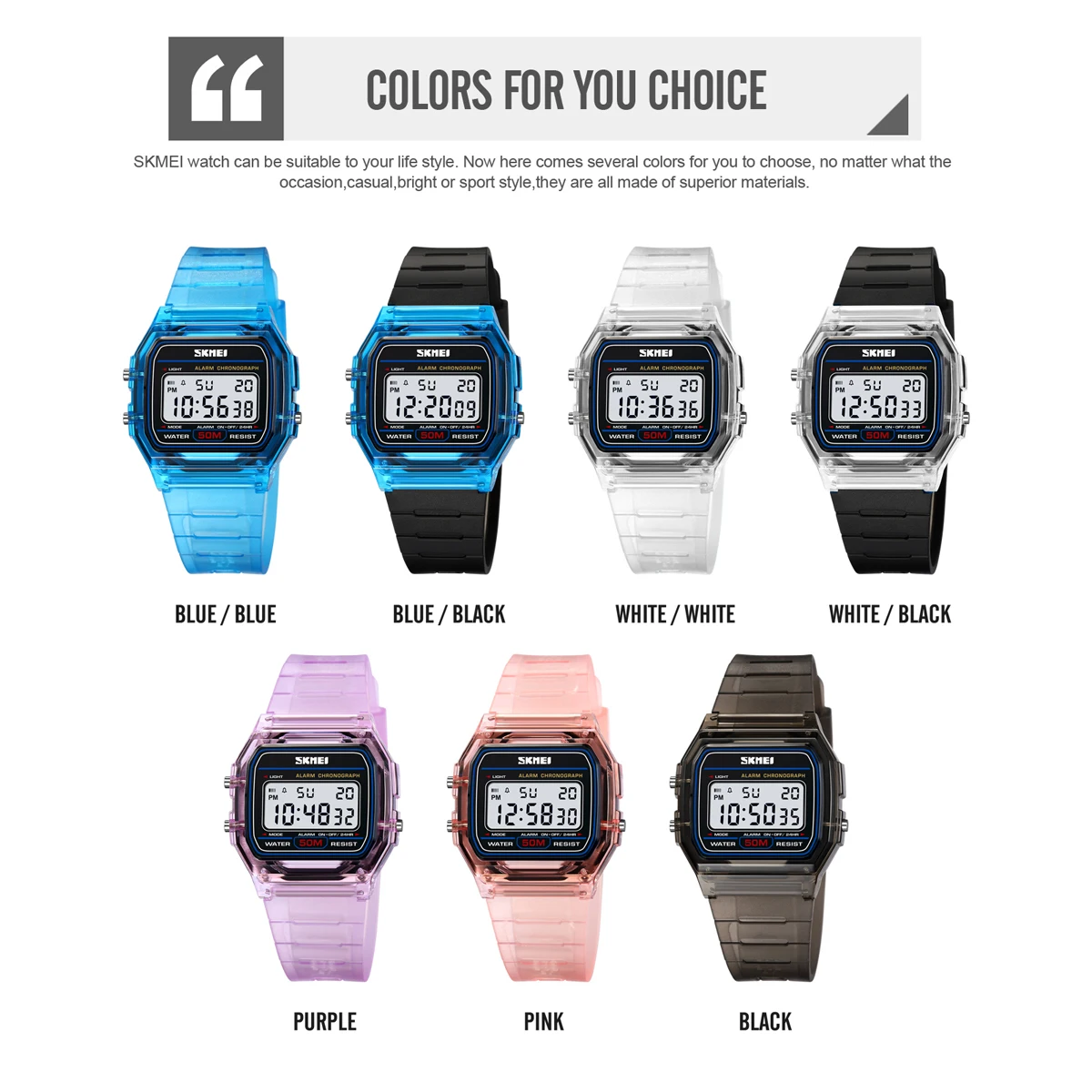 SKMEI 2056 Fashion Sport Watch For Men Student Date Stopwatch Waterproof Transparent Case Strap Casual Military Electronic Clock