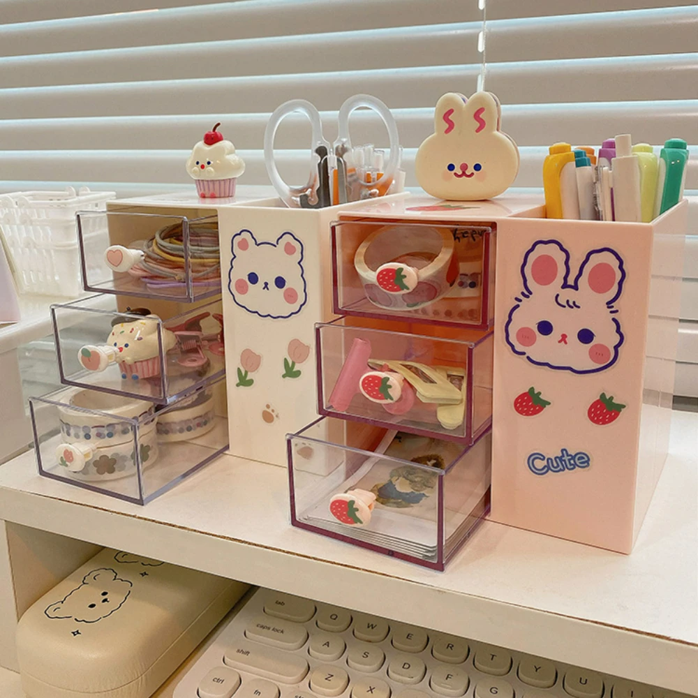 Desktop Storage Box Organizer Drawer-type Office Desk Ins Kawaii  Multi-function Cute Pen Holder Stationery Sundries Storage Box