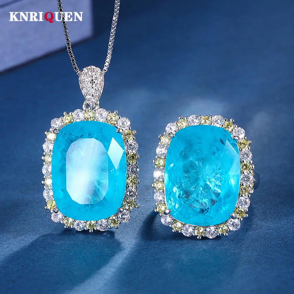 

Luxury 15*20mm Paraiba Tourmaline Lab Diamond Gemstone Pendant Necklace Rings for Women Wedding Band Party Fine Jewelry Set Gift