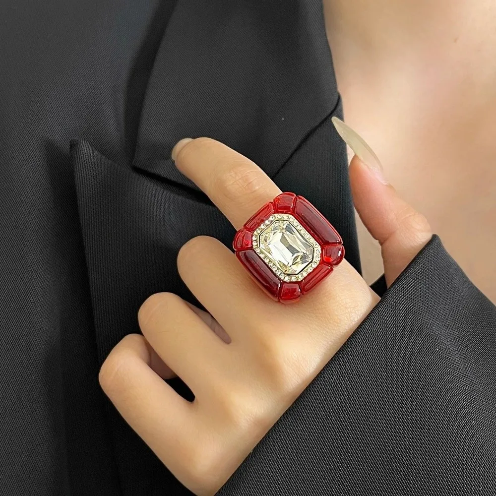 Fashion Colorful Rhinestones Rings Three-dimensional Square Geometric Finger Ring Jewelry Accessories