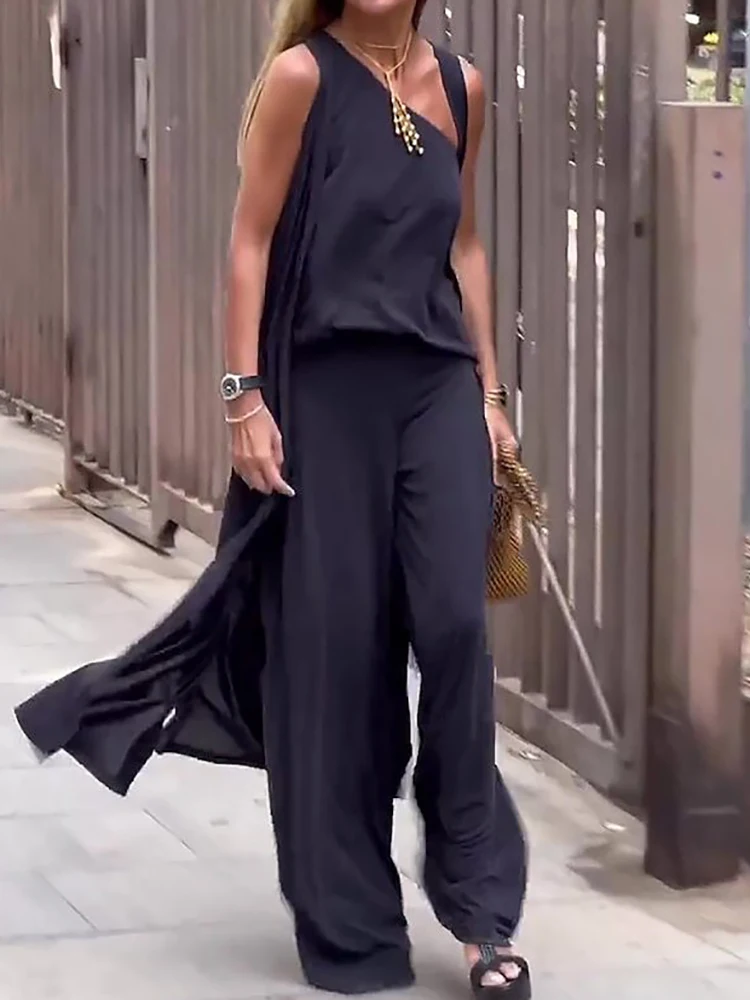 

Уличная одежда, женский черный Комплект из трех предметов, Свободный жилет, пуловер и брюки, подходящий костюм, летний Повседневный Женский однотонный комплект с длинными брюками