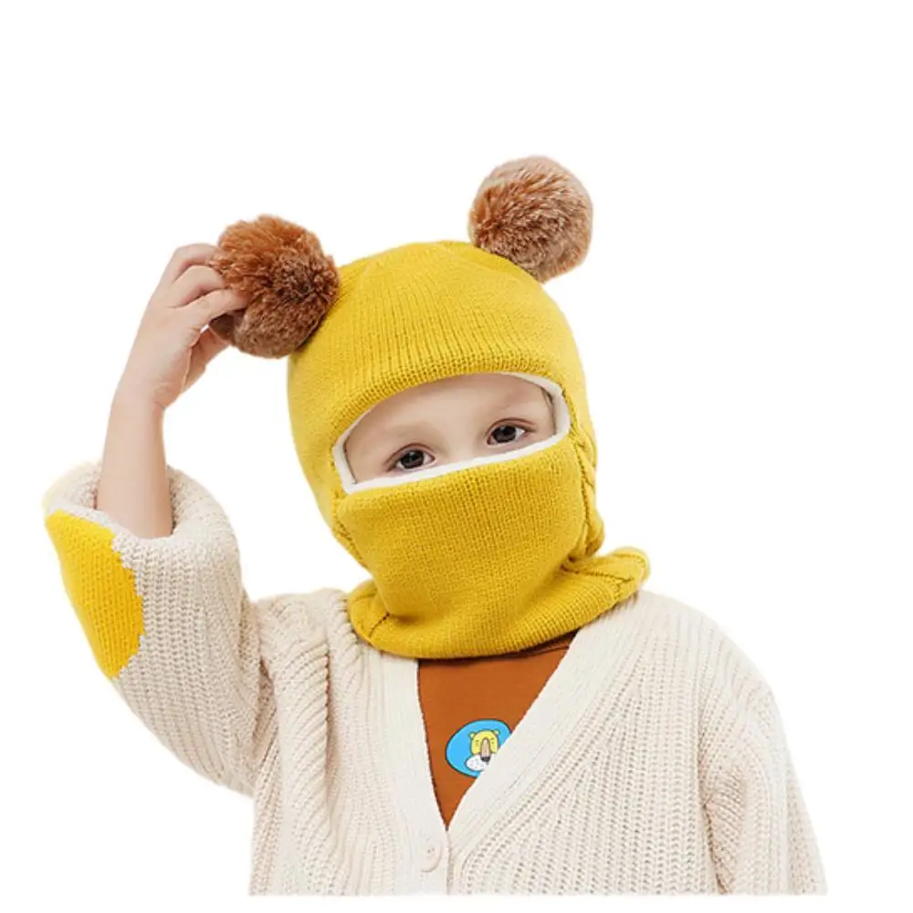 

Children's Beanies Hat With Bib Boys Thickened Ear-Protection Overheads Warm Knitted Wool Hair Ball Caps Baby One-piece Hats