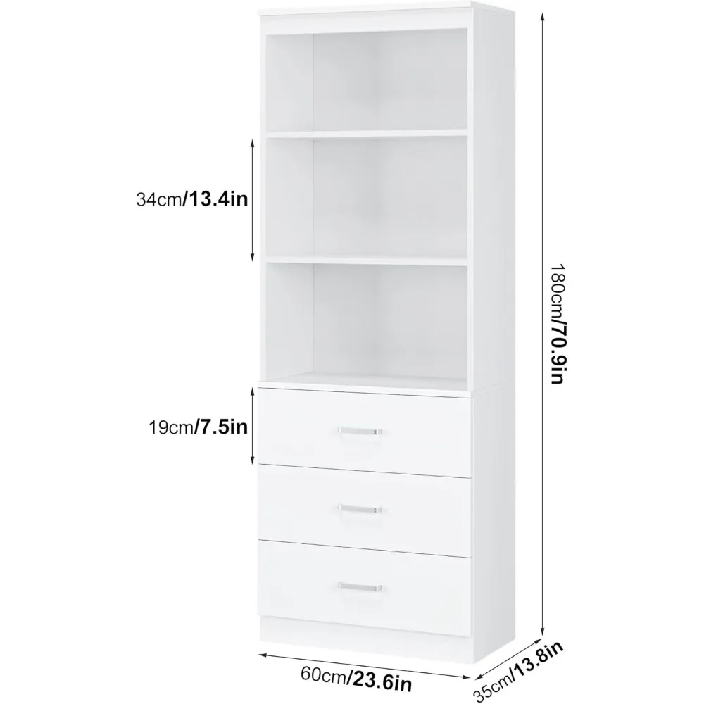 71" H White Bookshelf with Drawers, Bookshelf and Bookcase with 3-Tier Open Shelves, Tall Bookcase Tall Storage Cabinet for Home 3