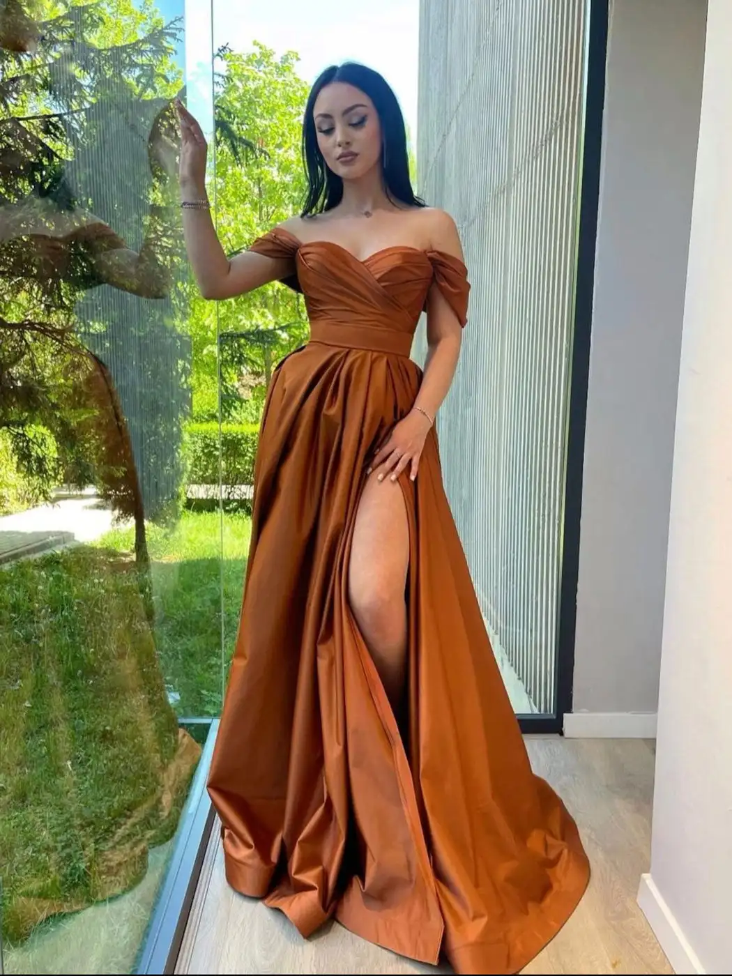 Brown Evening Dresses Satin Off Shoulder Sweetheart A Line with Slit Long Women Simple Prom Gowns Custom made color and size 1
