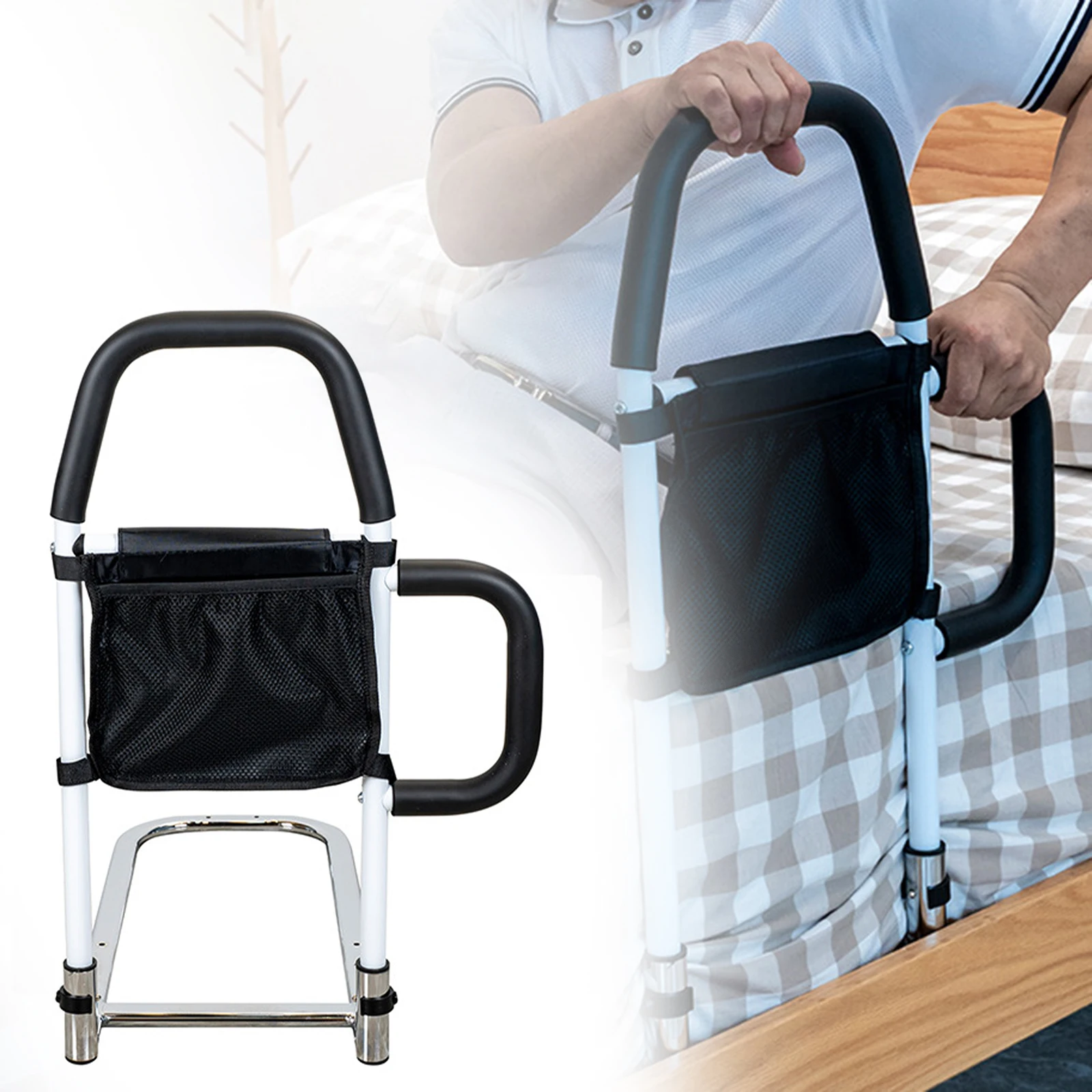 Elderly Adults Bed Rails with Dual Handles Easily Install Carbon Steel Material Sturdy 150kg Load Bearing with Storage Pocket 4