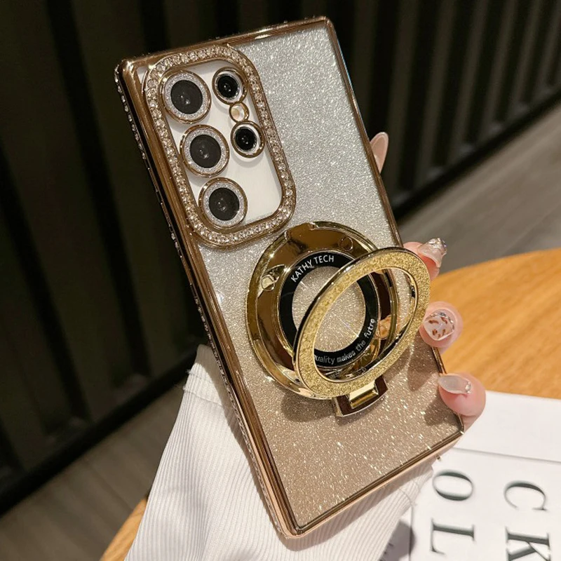 Magnetic Wireless Charging Stand with Shockproof Glitter Diamond Back Case