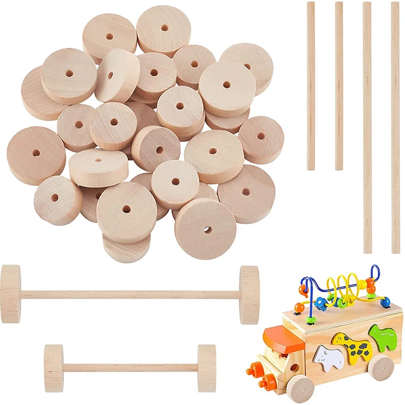 

1 Set Wooden Wheels with Wooden Sticks Craft Toy for Children Wheels Tires with 0.2 inch Holes for DIY Model Cars Toy