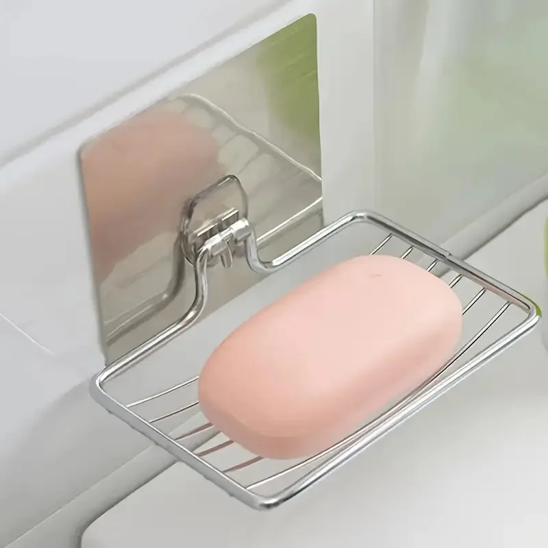 1Pc Stainless Steel Square Soap Dish Holder - Self Adhesive Wall Mount With Drain Hole Storage Shelf For Bathroom Supplies 4