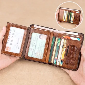 Genuine Leather Rfid Protection Wallets for Men Vintage Thin Short Multi Function ID Credit Card Holder Money Bag 1