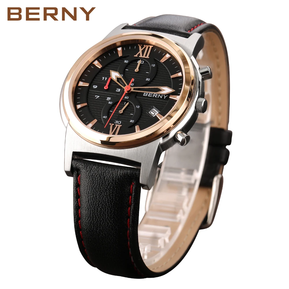 BERNY Men Quartz Watch Calendar Waterproof Leather Strap Male Clock Chronograph Luxury Sport Wristwatch Luminous Montre Homme 2