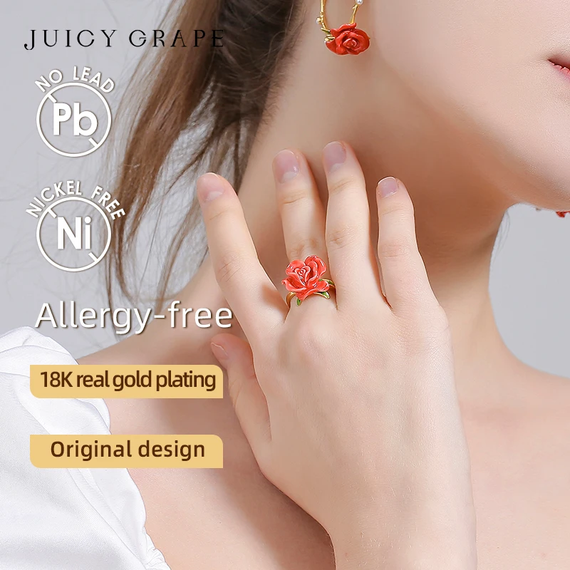 Exquisite Adjustable 18K Gold Plated Enamel Rose Ring for Women - Elegant Wedding Party Fine Jewelry