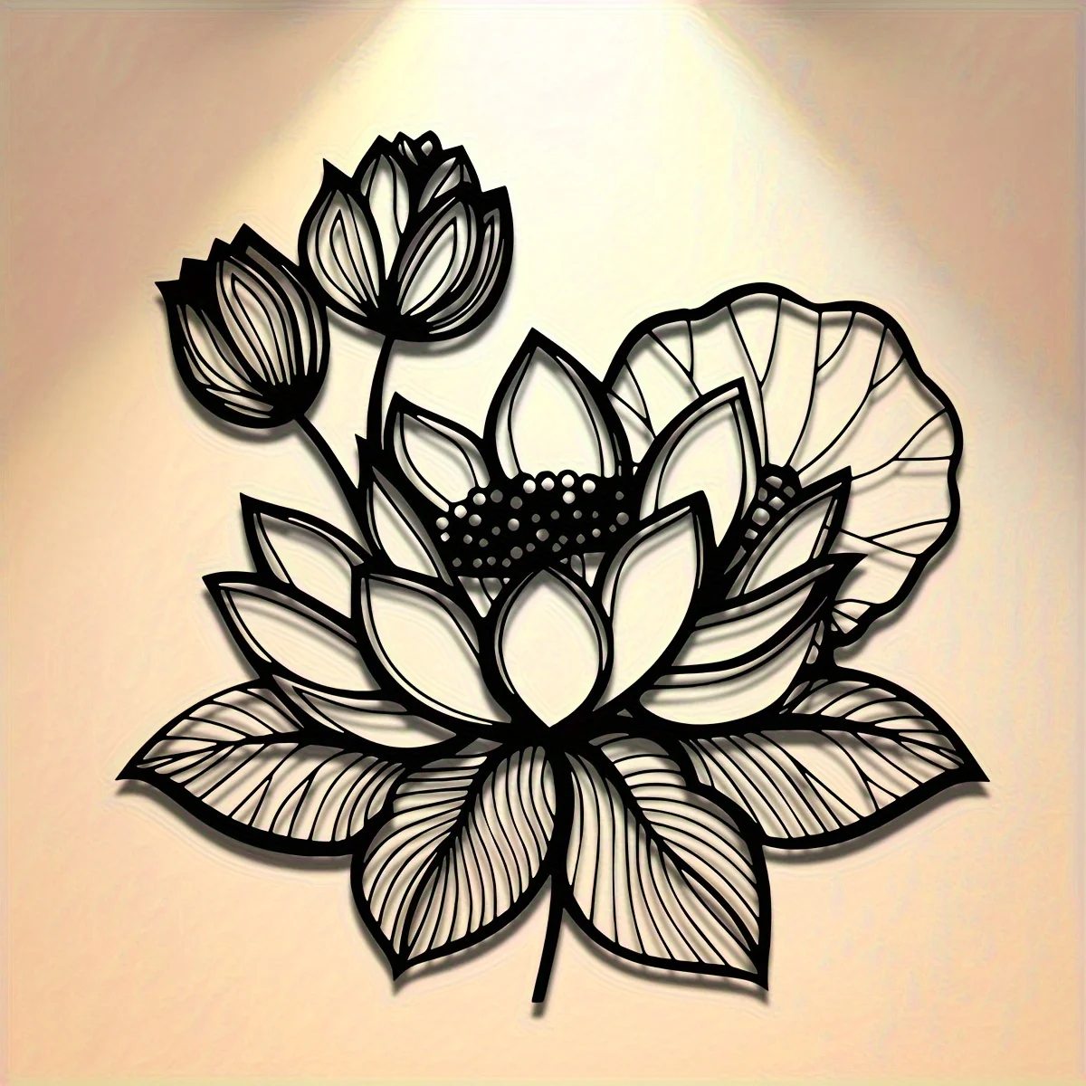 Elegant Black Lotus Sculpture with Berries and Leaves, Premium Hollow Metal Craftsmanship for Home and Garden Decor