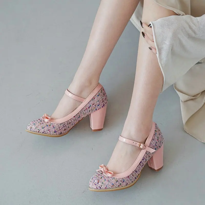 

QPLYXCO 2021 Retro Spring Plaid Tweed Checker Wedding Shoes For Women Bride Thick High Heels Mary Janes Pumps Big Size 46 47 48