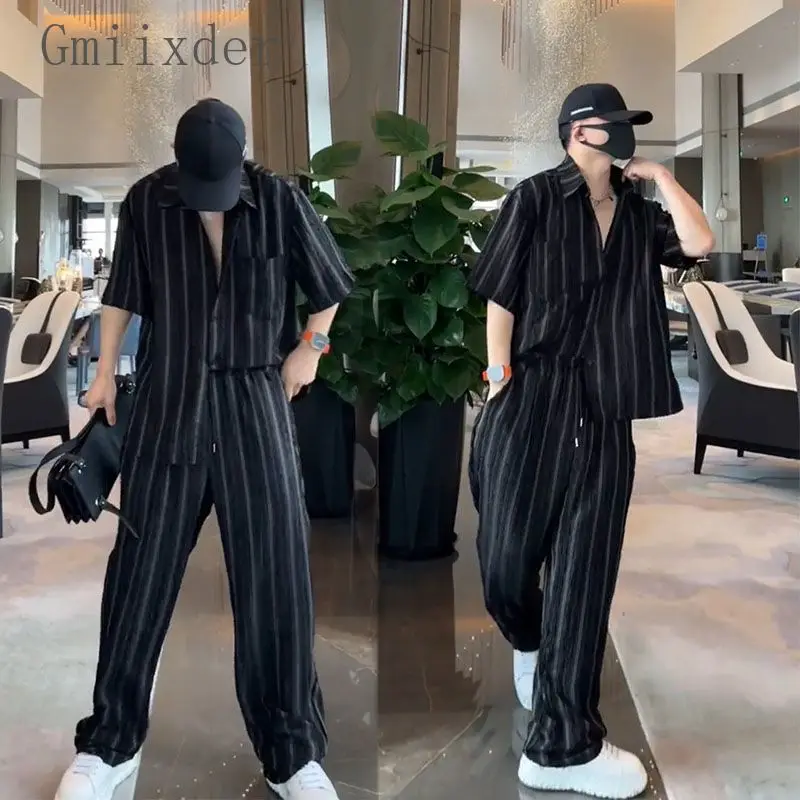 Gmiixder Unisex Striped Shirt Set Men Summer Loose Non Ironing Shirt+casual Pants Two-piece Set Sweatpants Blouse Tracksuit Men