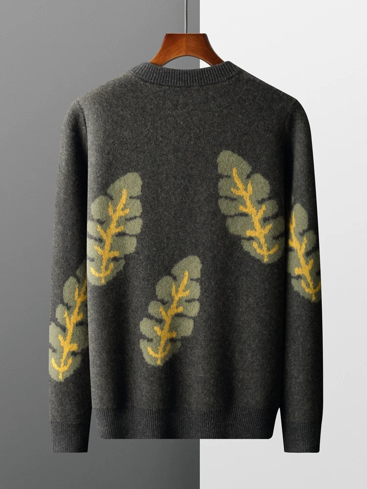 Jacquard Autumn Winter New Cashmere Sweater Men's Round Neck Pullover 100% Merino Wool Knitted Casual Fashion Retro Thicken Top 2