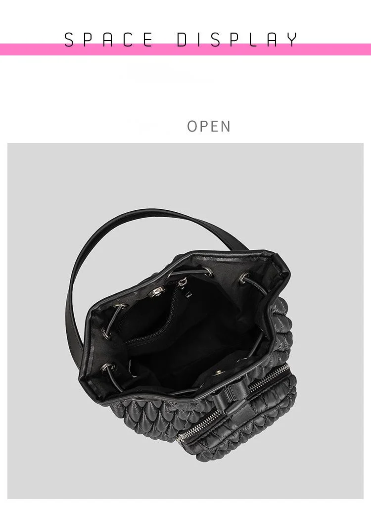 Damen Schultertasche Aus Nylon Gesteppte Beuteltasche Mit Kordel_voghion.com