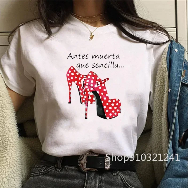 Women T-shirts Harajuku Tops Shirts Short Sleeve High Heel Print Flamengo Dance Tees Cartoon Graphic Female O-neck Shirt Clothes - 2