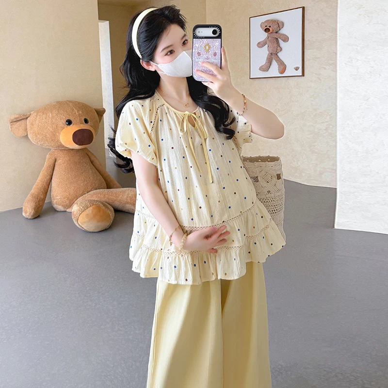 여름 신상 폴카 도트 임산부 셔츠 버블 슬리브 와이드 레그 팬츠 투피스 세트 트렌디한 한국 스타일 임산부 의류