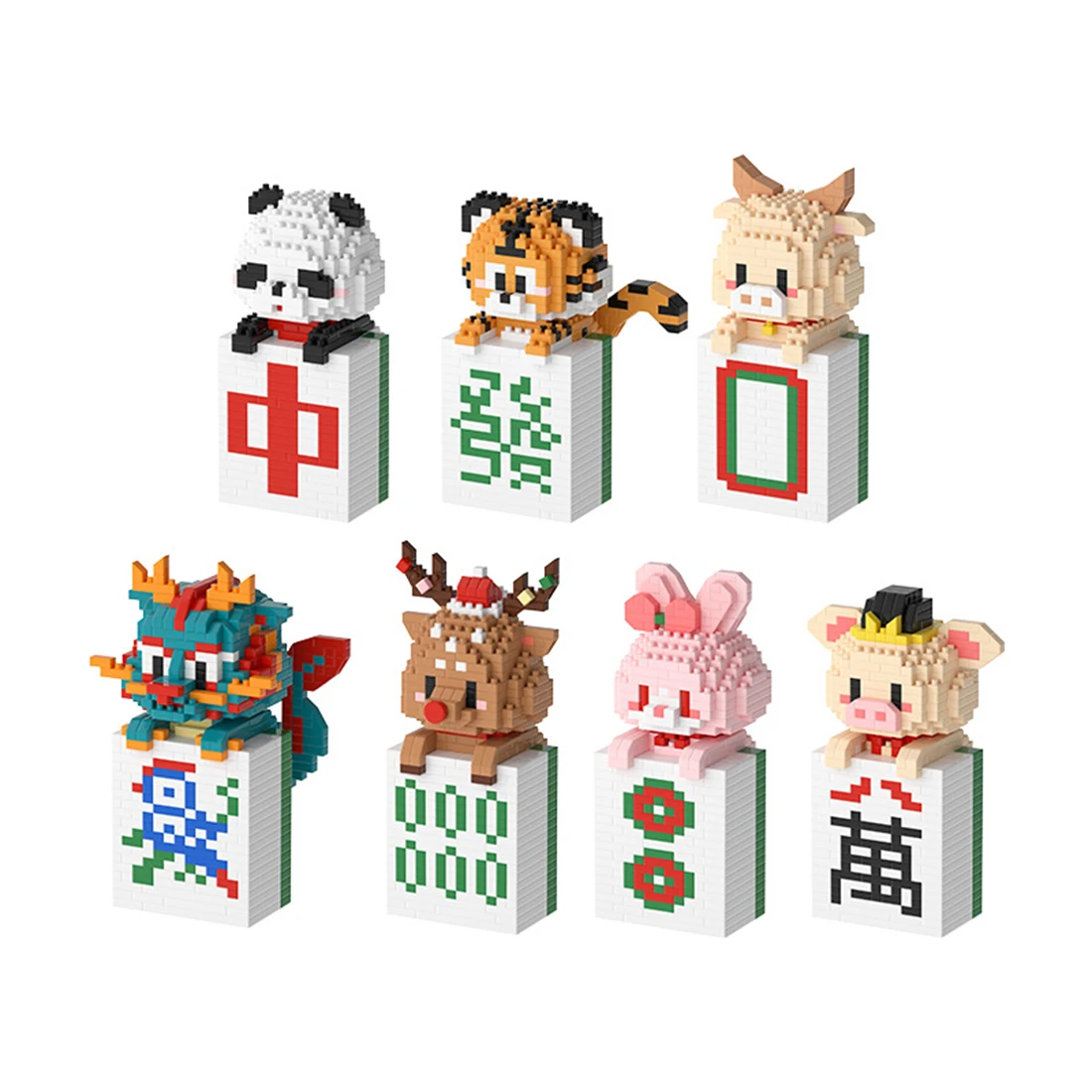 DIY Animal Mahjong Model Cow Pig Micro Building Blocks Assembled Panda Tiger Dragon Mini Bricks Rabbit Toys Decorations For Gift
