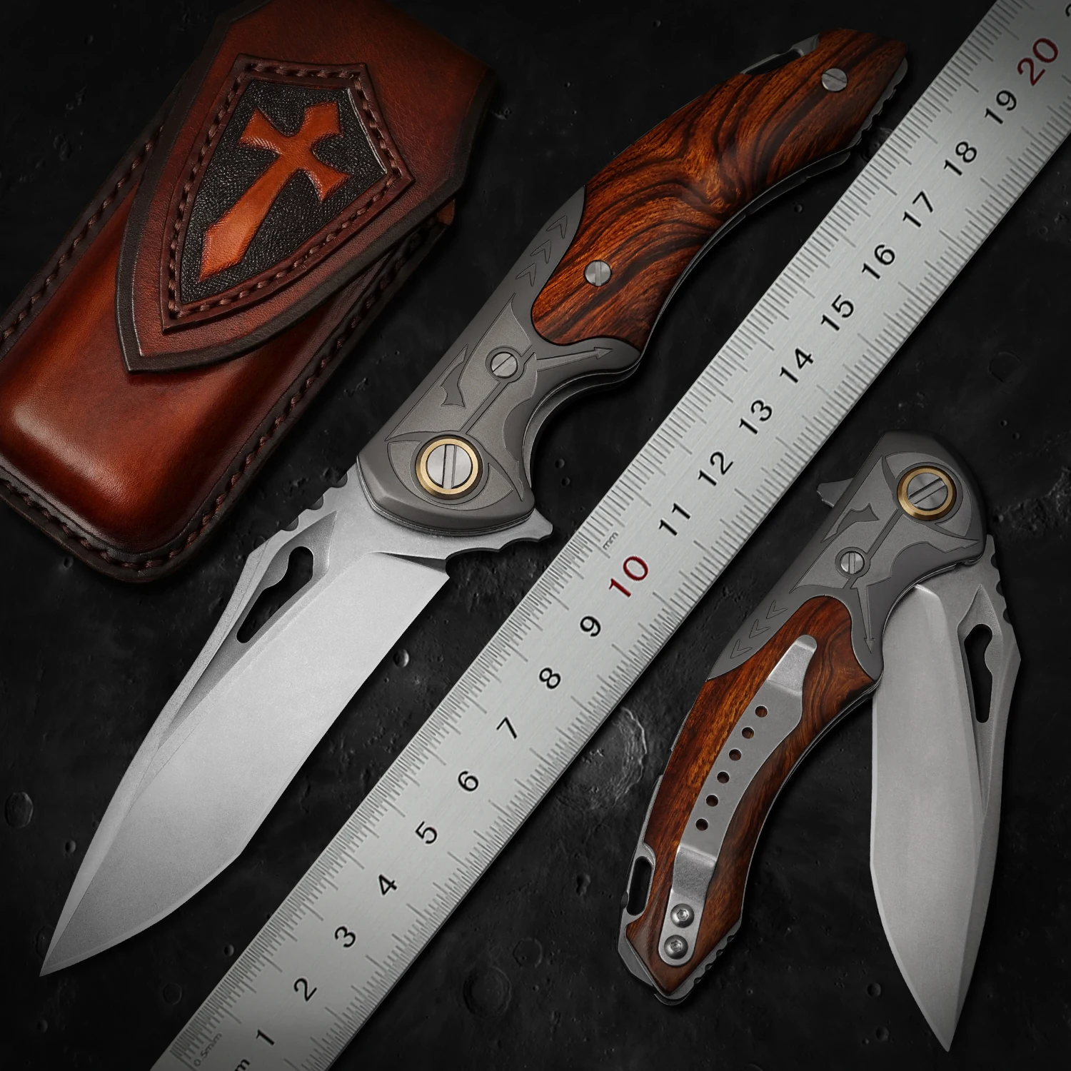

Тактический карманный складной нож NEWOOTZ Desert Ironwood с кожаным чехлом и зажимом
