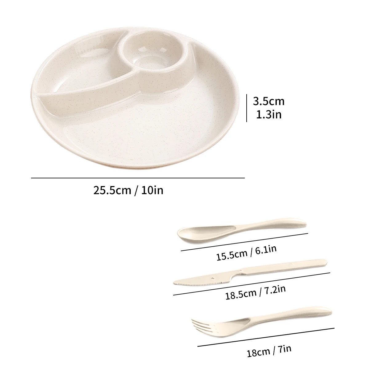 WORTHBUY Round Divided Salad Plate With Cutlery Microwave Safe Dinner Plate 3 Compartment Plastic Dinner Dish Kitchen Dinnerware