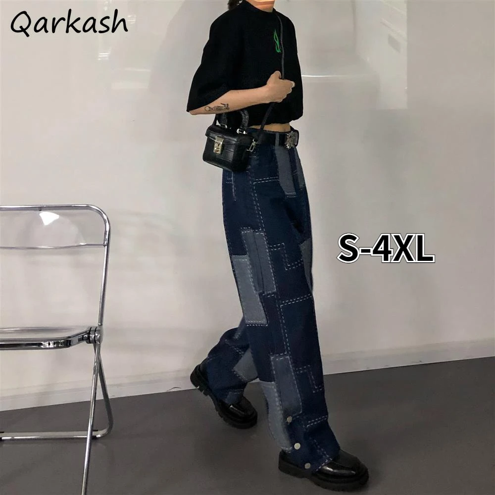 

S-4XL Jeans Women Patchwork Loose Streetwear Autumn All-match Cool Vintage Design Pockets Tender Basic Clothes Ulzzang Denim Ins