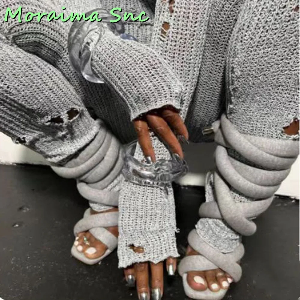 

Grey Rope Wrap Lace Up Sandals Strappy Square Toe Stiletto High Heel Women Shoes Summer 2023 New Arrivals Solid Sexy Hot Sale