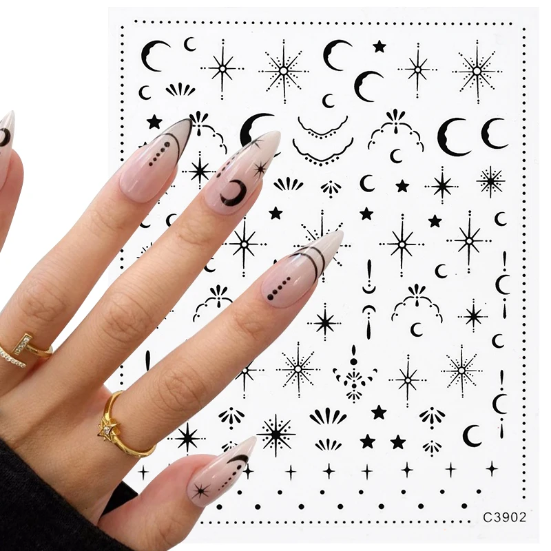 3D Moon Star Nail Art Sticker Gold Sun/Moon/Star Bronzing Nail Self-Adhesive Stickers Metal Mirror Effect Glitter Slider Decals