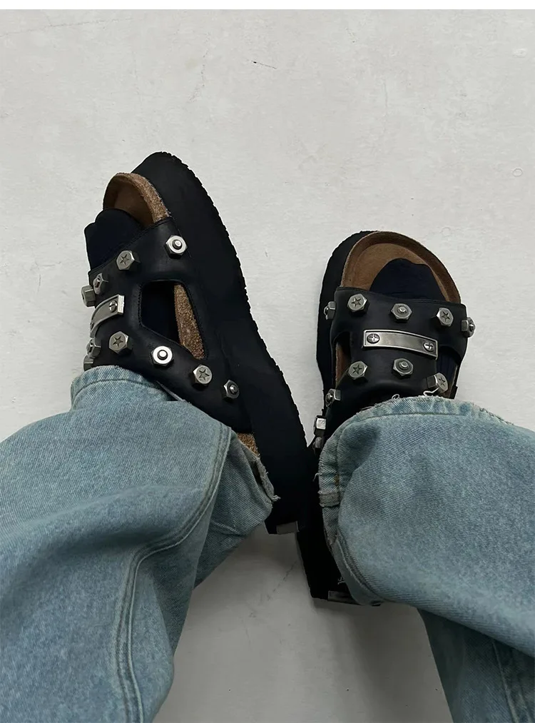 Niche Functional Sense Rivet One-Word Slippers Women's Summer Thick-Soled Leather Outerwear Half-Slippers Sandals Women's Shoes