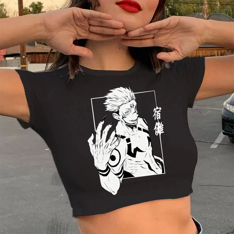 1920er Jahre Hip Hop Crop Top T-Shirt Manga japanischen Anime Jujutsu Kaisen T-Shirt Gojo Satoru Tops Yuji Itadori verkürzte T-Shirts T-Shirt – Detail 3