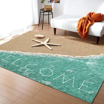 Beach Carpet Starfish Shells Area Rug for Kids Bedroom Living Room Decor, Soft Plush Floor Mat Ocean Theme Entrance Throw Rugs
