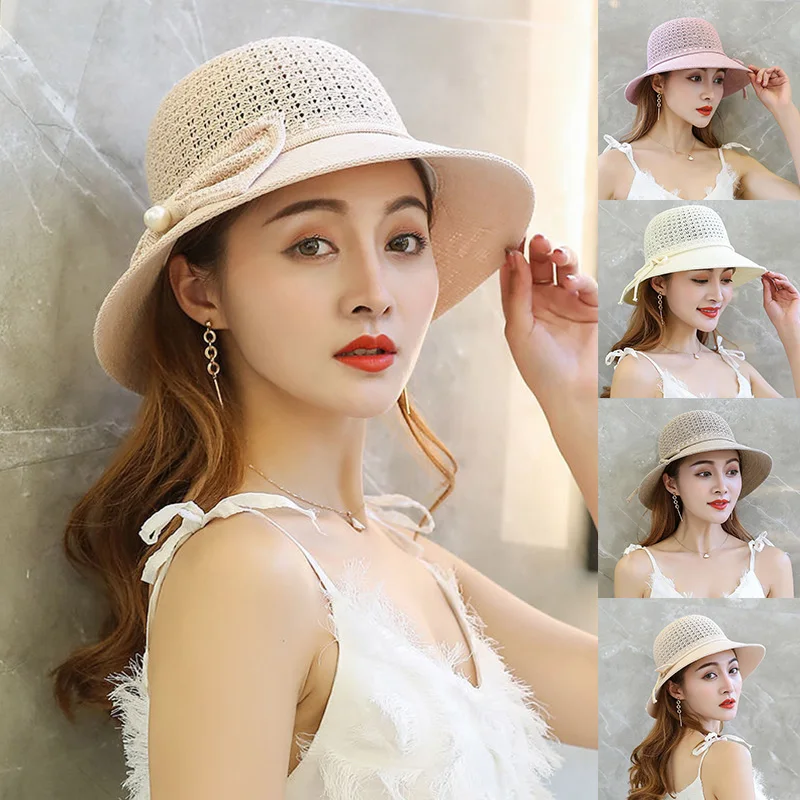 

Women Bowknot Straw Hat Wide Brim Sun Hats Sun Protection Cap Outdoor Ladies Panama Caps Ribbon Girls Summer Large Brim Hats