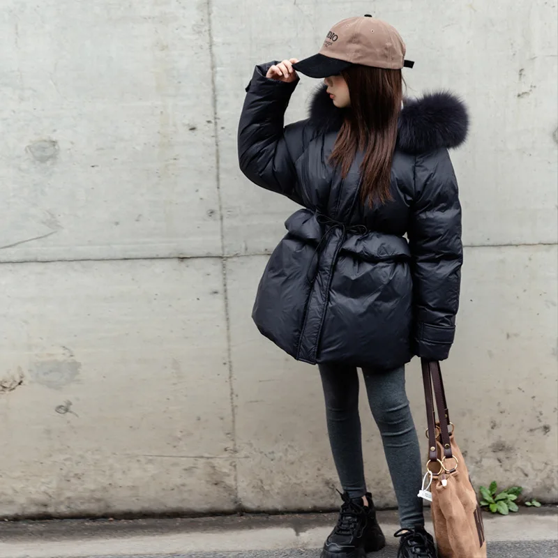 Winter New Girls Down Jacket Real Fox Fur Children Slim Coat Thicken Warm Kids Outfit Teenage Black Long Parkas XMP198