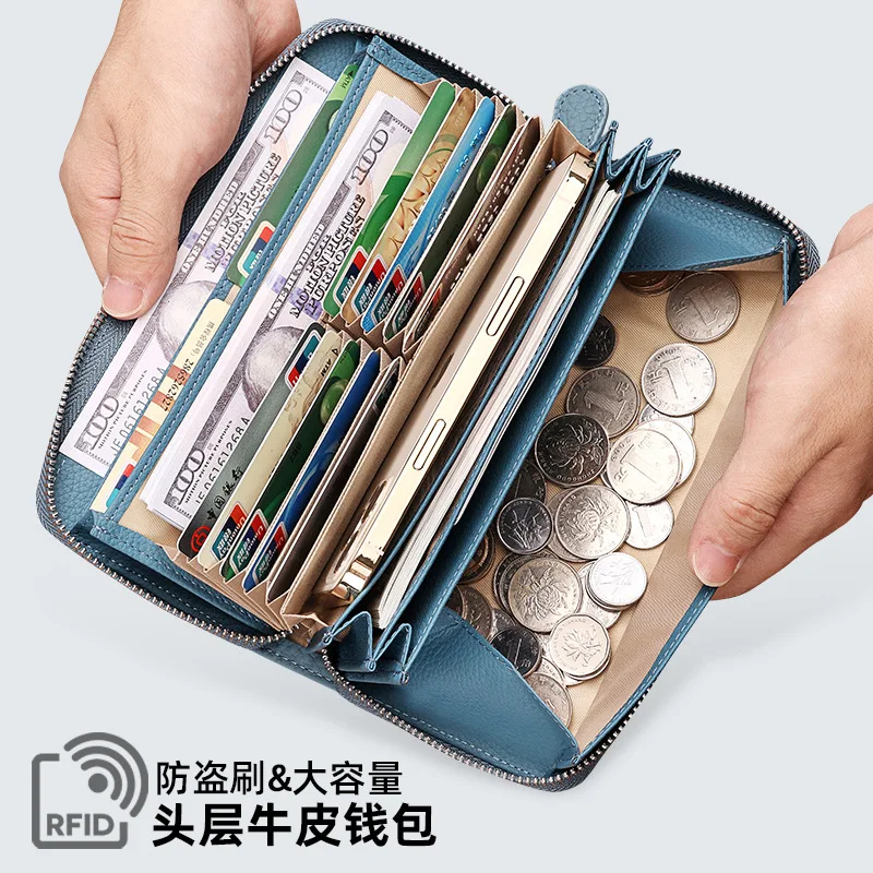 Genuine Leather Women's Long Zipper Wallet with Litchi Pattern Cowhide Leather Clutch Purse