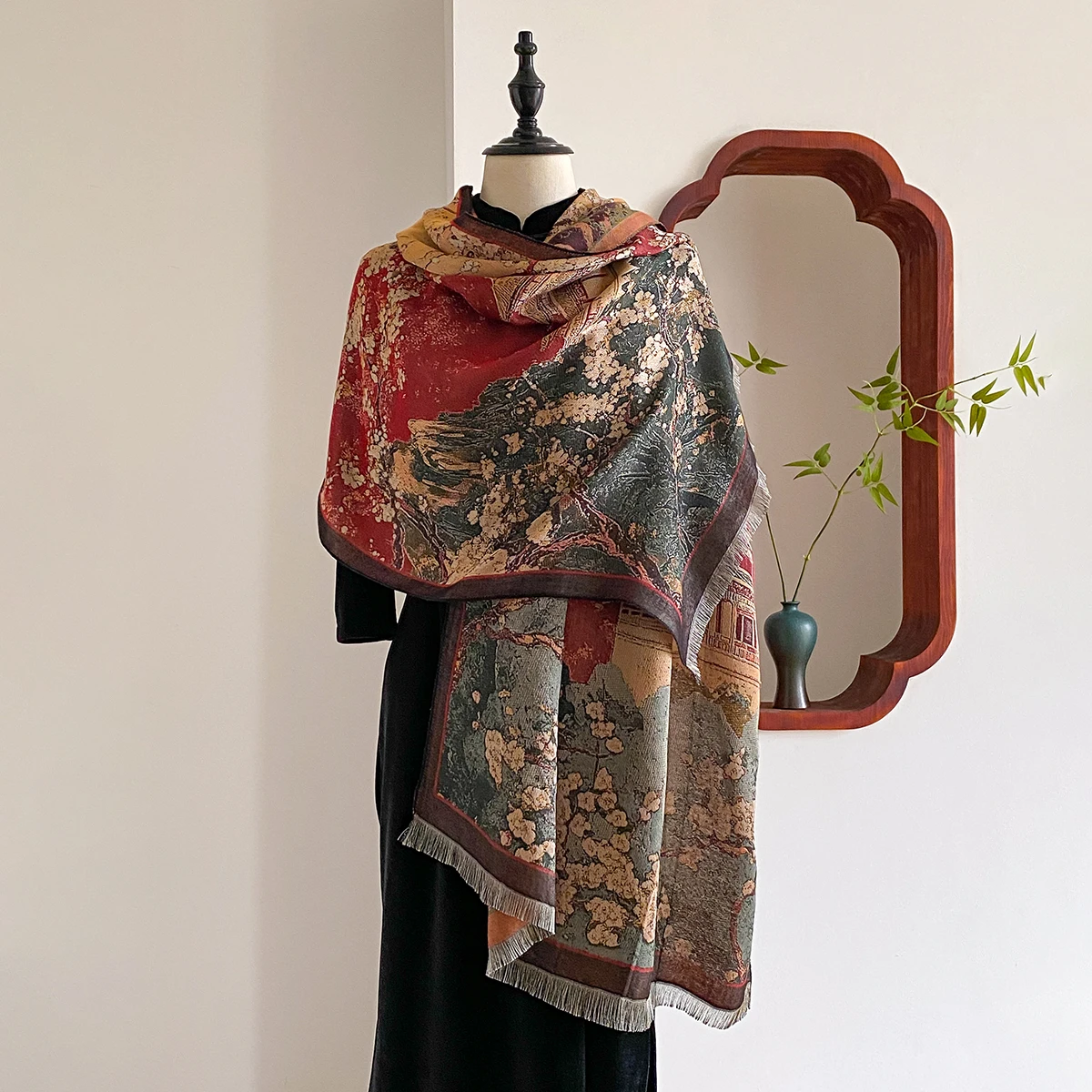 New Chinese Style Landscape Painting Women Scarf Soft Warm Pashmina Shawl Winter Outdoor Coldproof Windproof Blanket Scarf 2025