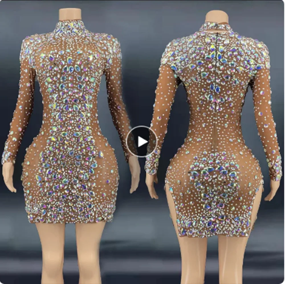 

Women Evening Dresses Sparkly Full Rhinestone Dress Singer Stage Costume Festival Clothing Nightclub Bar Rave Clothes