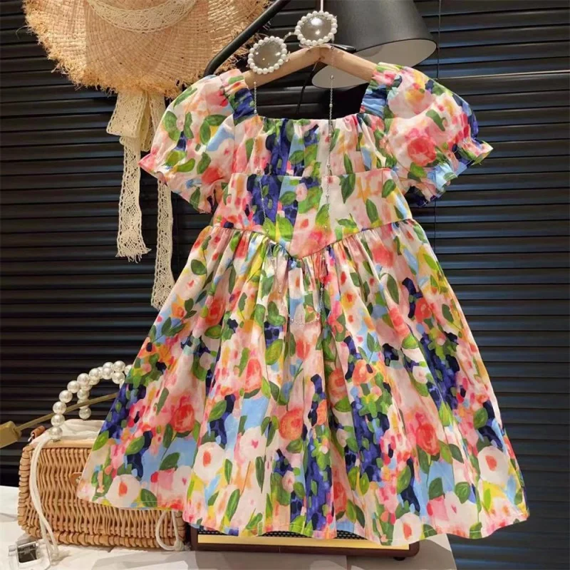 

Girls' Jardin Monet Elastic Square Collar Puff Sleeve Flower Princess Dress2024Children's Summer Dress-WSNY