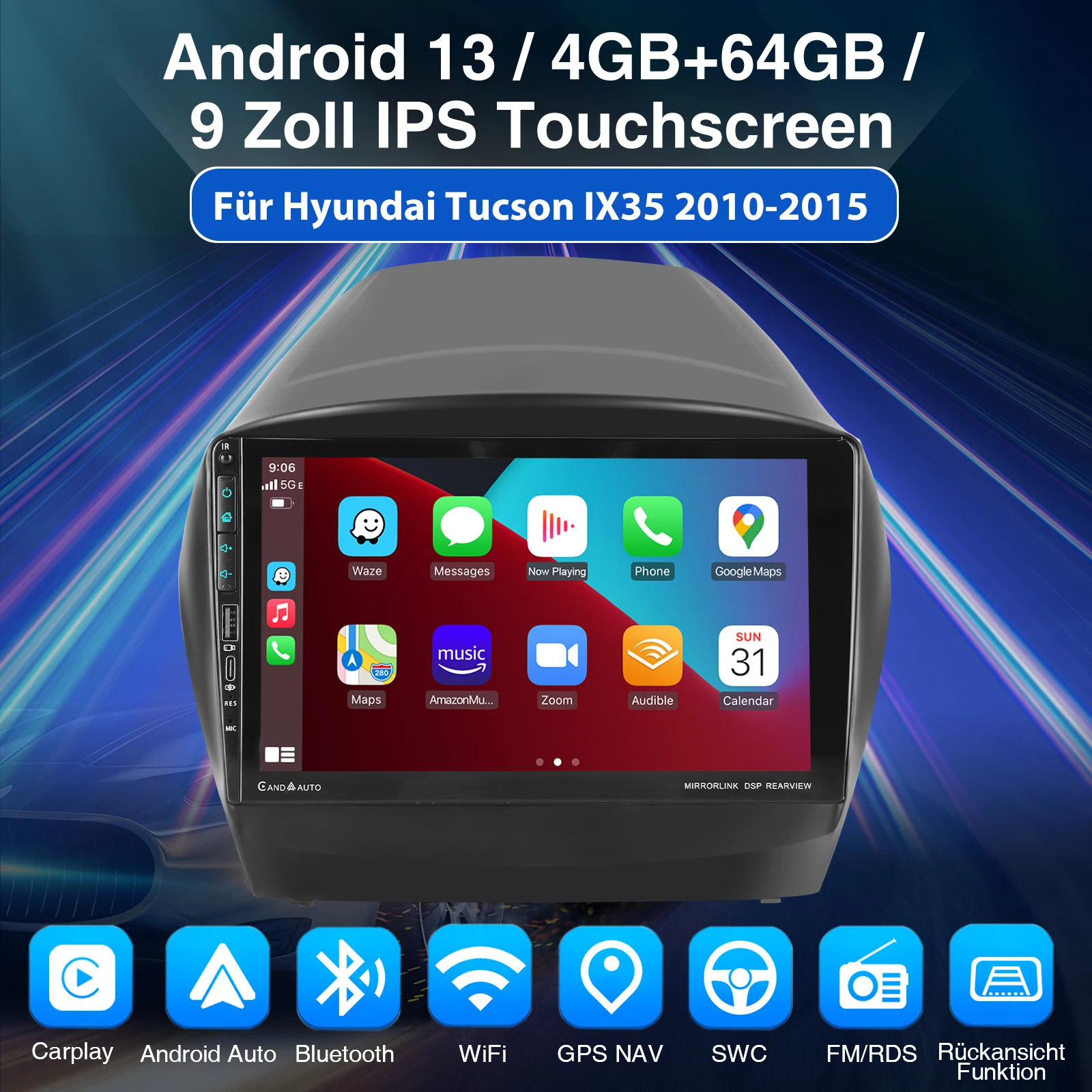 ESSGOO Autoradio GPS Navigation WIFI Bluetooth Android 13 9 Zoll HD Touchscreen Für Hyundai ix35 2009-2015 CarPlay Android Auto USB Typ-C FM RDS Mirror Link Lenkradsteuerung Multimedia Video Player – Detail 5