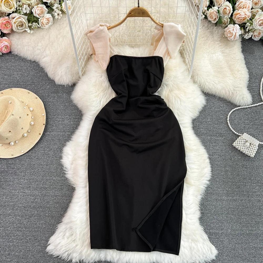 

French Hepburn Style Bowtie Strap Dress Fashionable Elegant Waist Slimming Midi Split Hip Wrap Bodycon Dress For Women Office