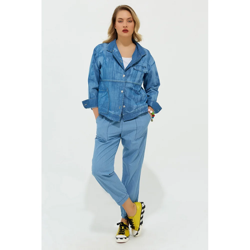 

Fierte Women Plus Size Jacket Lm85060 Jean Crew Neck Button Off Single Pocket Slim Spring Autumn Elegant Casual