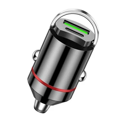 Dual Port Car Charger with Pull Ring - USB+PD Fast Charging Adapter - Black
