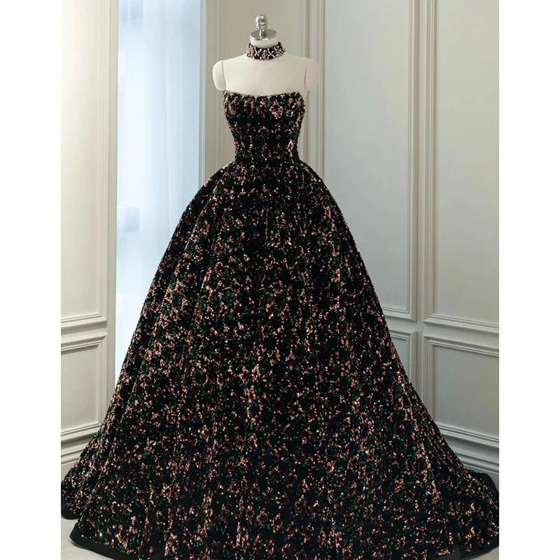 

Black Sequins Evening Dress Sexy Strapless Elegant Floor Length A-Line Prom Gown Light Luxury Quinceanera Party Vestido
