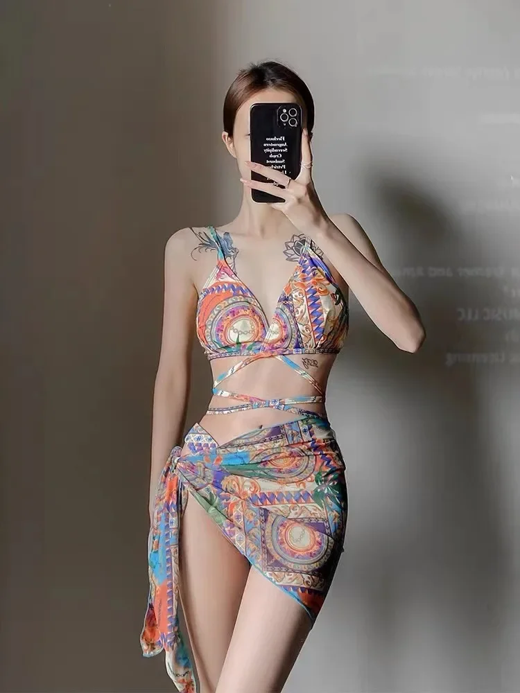 2024 New Sexy Mesh Printed Beach Skirt Three Piece Women's Bikini Swimwear Swimsuit Women Cinjunto De Dos Piezas Mujer