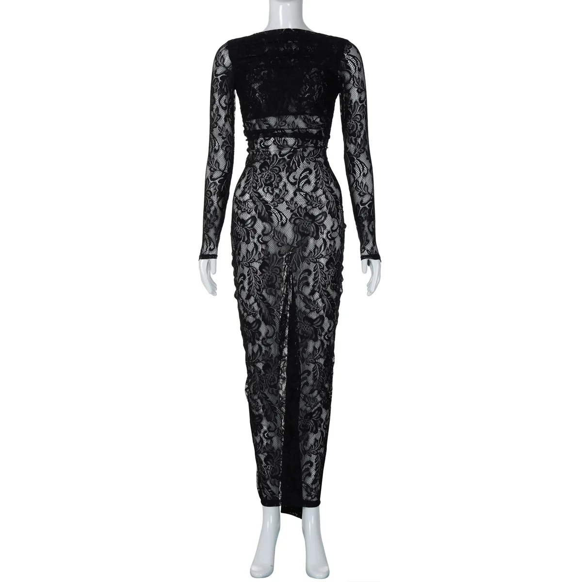 White Lace Backless Long Dress For Women See-Through High Waist Printed Slim Solid Hollow Out Dress Women's Party Dress