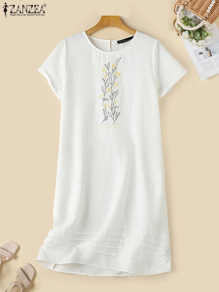 ZANZEA Women Casual Embroidery Dress 2023 Summer Round Neck Short