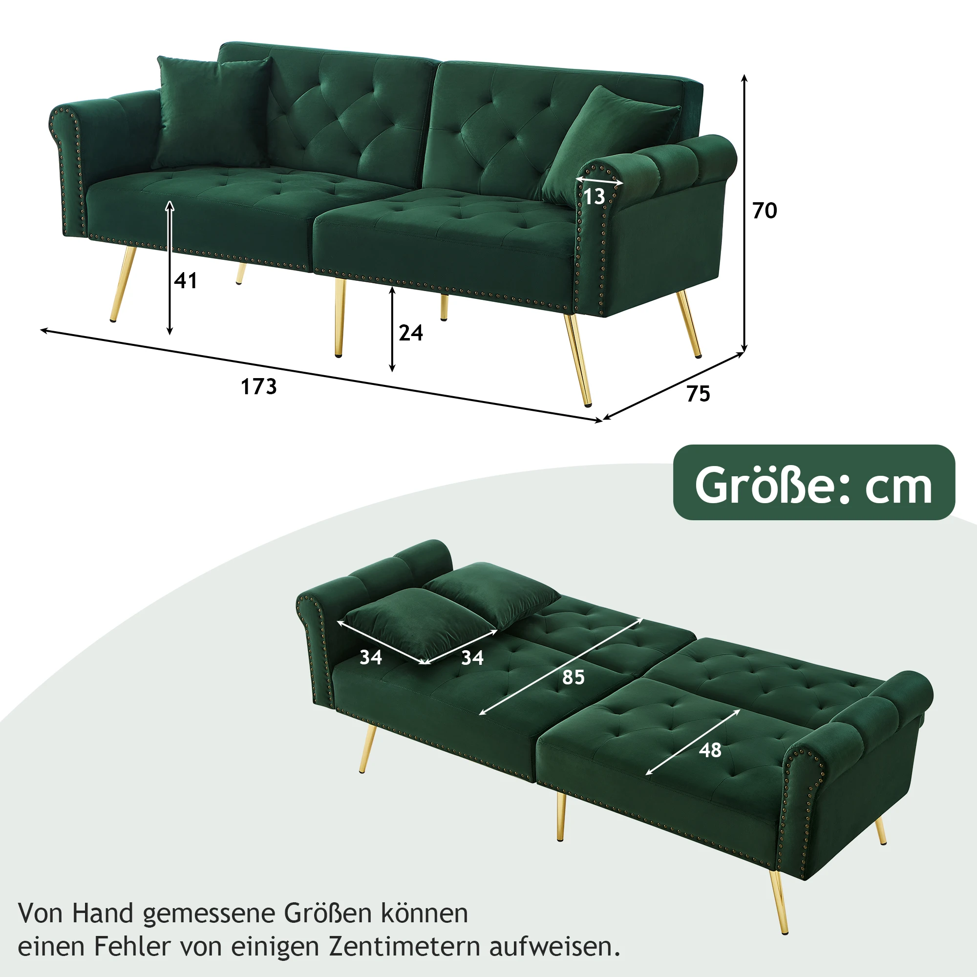 KOMHTOM 2 Sitzer Schlafsofa Mit Samtbezug Rückenlehne 3 Stufiger Verstellung Und Vergoldeten Metallfüßen Sofa Mit Schlaffunktion – Detail 20