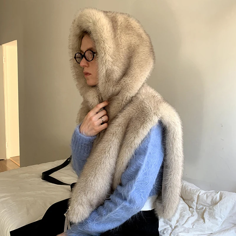 Exclusive Y3k Girls Hooded Sleeveless Faux Fur Coat Women Waistcoat Autumn Winter Gradient Fox Fur Vest Top Gilet Femme