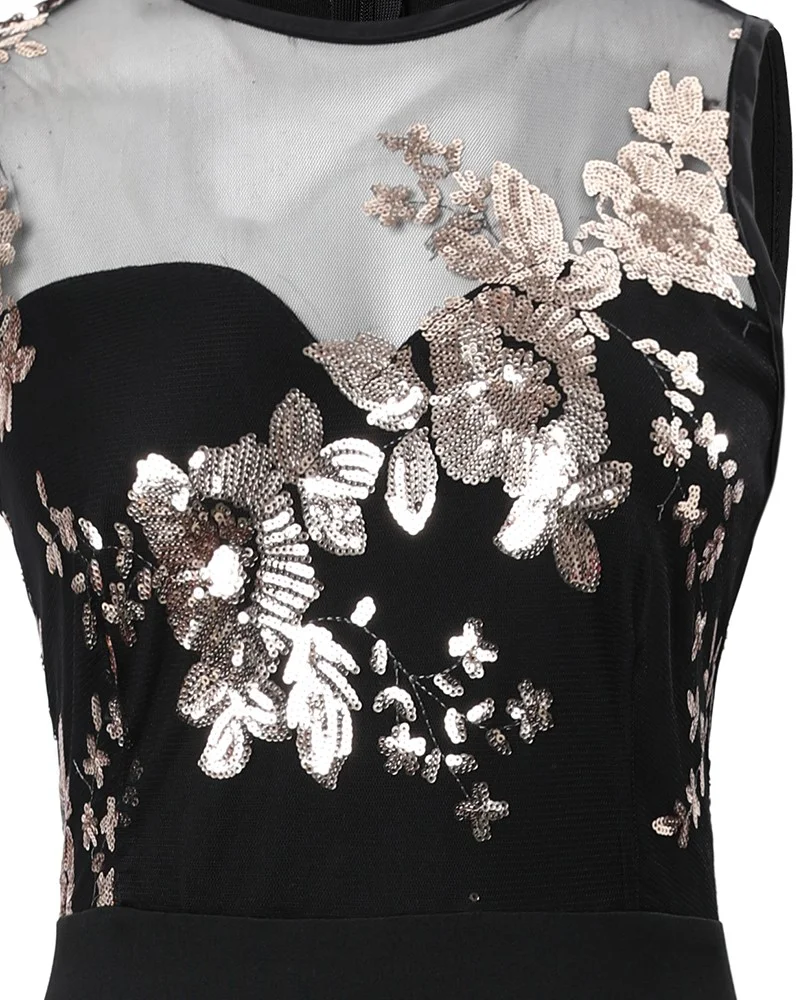 Spring Women\'s Jumpsuit 2023 Fashion Sexy Contrast Sequin Floral Pattern Round Neck Sleeveless Wide Leg Long Party Jumpsuit